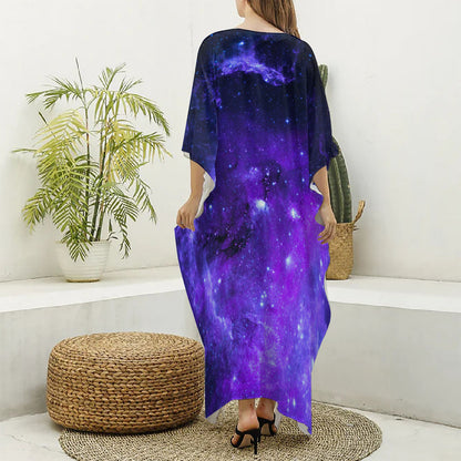 Purple Stars Nebula Galaxy Space Print Silk V-Neck Kaftan Dress