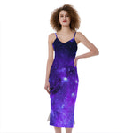 Purple Stars Nebula Galaxy Space Print Slim Fit Midi Cami Dress