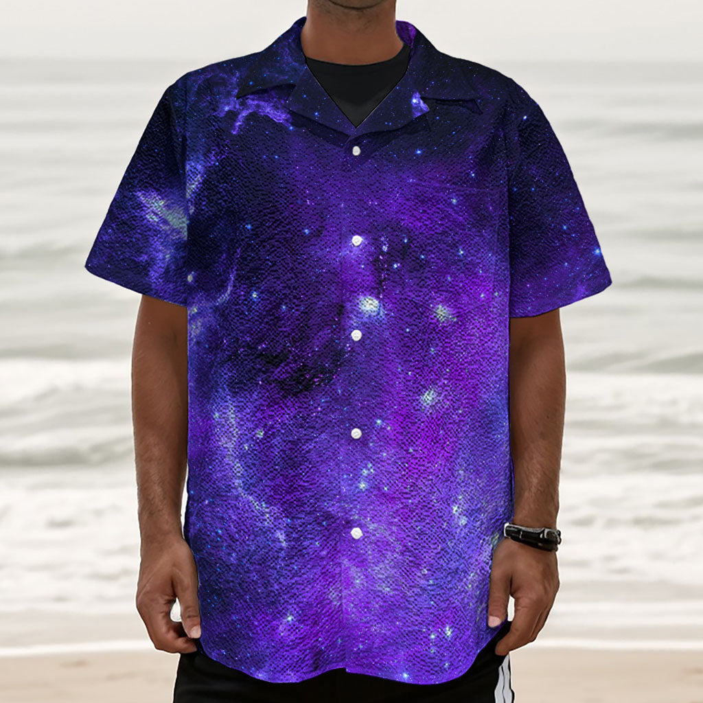 Purple Stars Nebula Galaxy Space Print Textured Short Sleeve Shirt