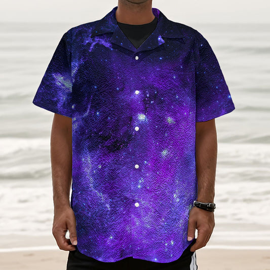 Purple Stars Nebula Galaxy Space Print Textured Short Sleeve Shirt