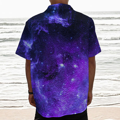 Purple Stars Nebula Galaxy Space Print Textured Short Sleeve Shirt