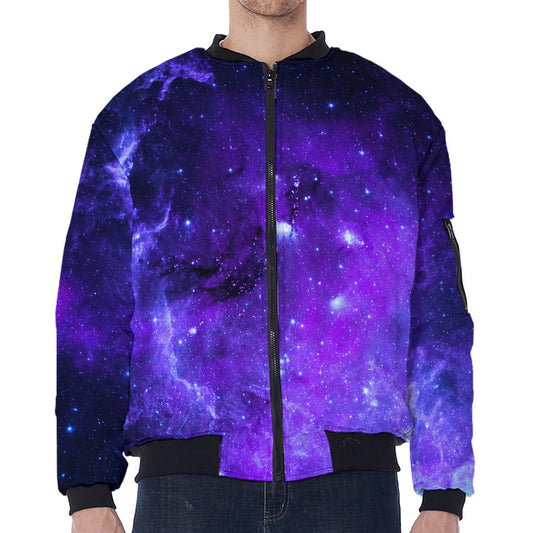 Purple Stars Nebula Galaxy Space Print Zip Sleeve Bomber Jacket
