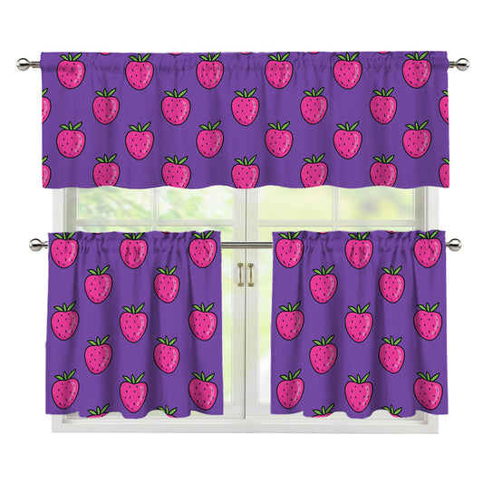 Purple Strawberry Pattern Print 3 Piece Kitchen Curtains