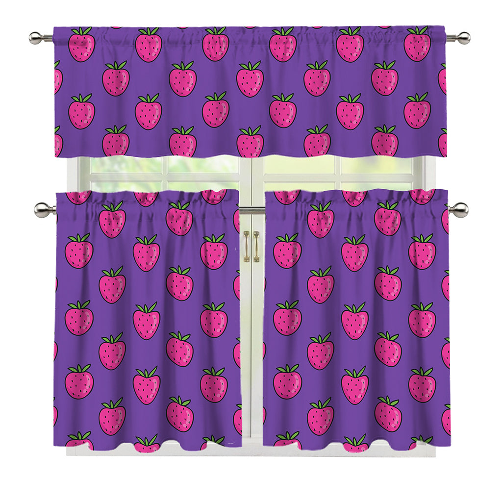Purple Strawberry Pattern Print 3 Piece Kitchen Curtains