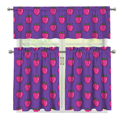 Purple Strawberry Pattern Print 3 Piece Kitchen Curtains