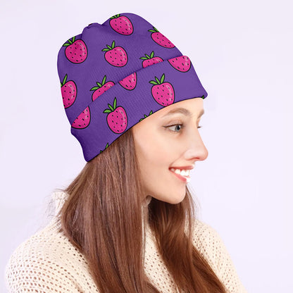 Purple Strawberry Pattern Print Beanie