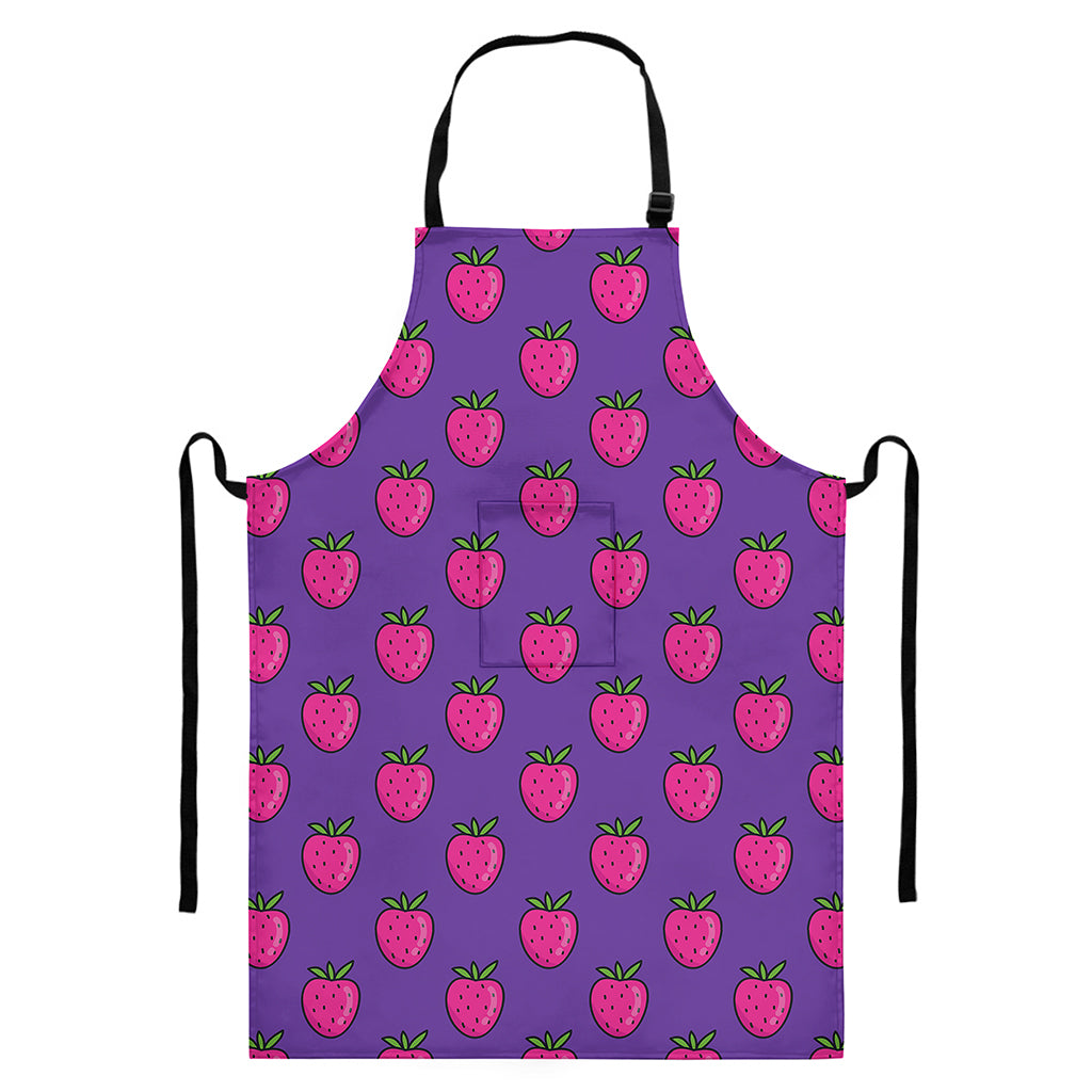 Purple Strawberry Pattern Print Bib Apron With Pocket