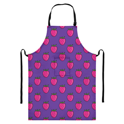 Purple Strawberry Pattern Print Bib Apron With Pocket