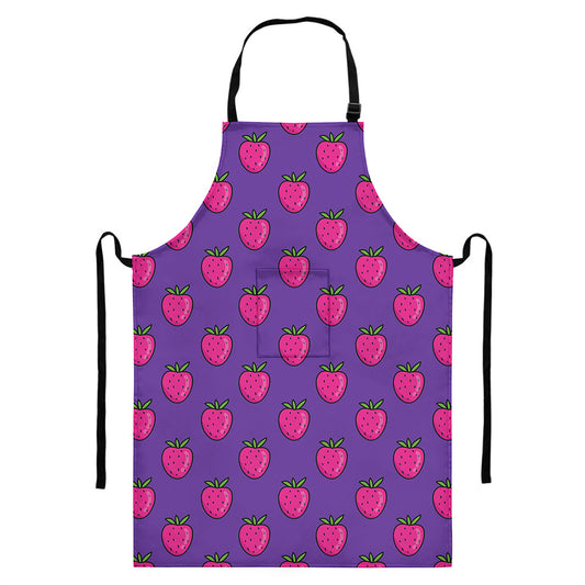 Purple Strawberry Pattern Print Bib Apron With Pocket