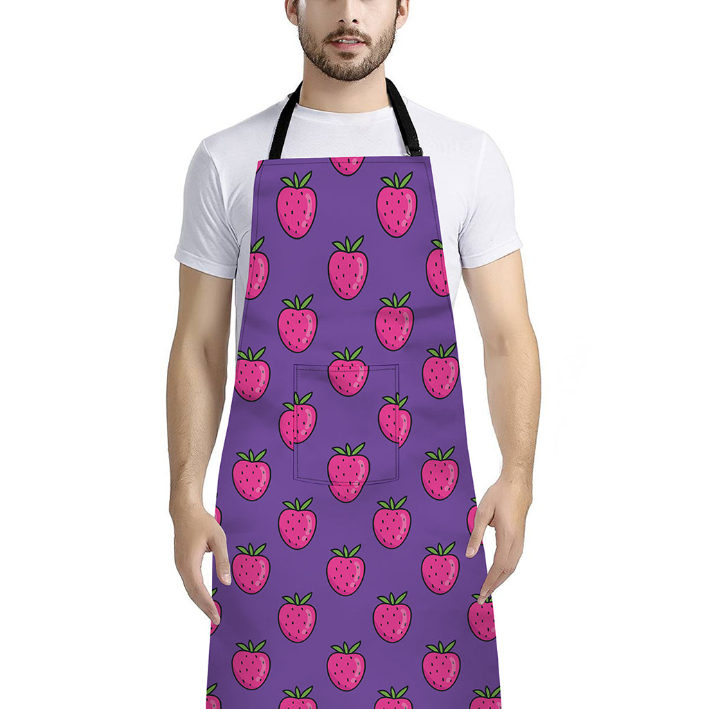 Purple Strawberry Pattern Print Bib Apron With Pocket
