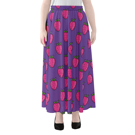 Purple Strawberry Pattern Print Chiffon Maxi Skirt