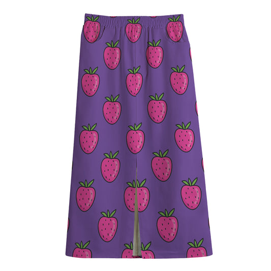 Purple Strawberry Pattern Print Cotton Front Slit Maxi Skirt