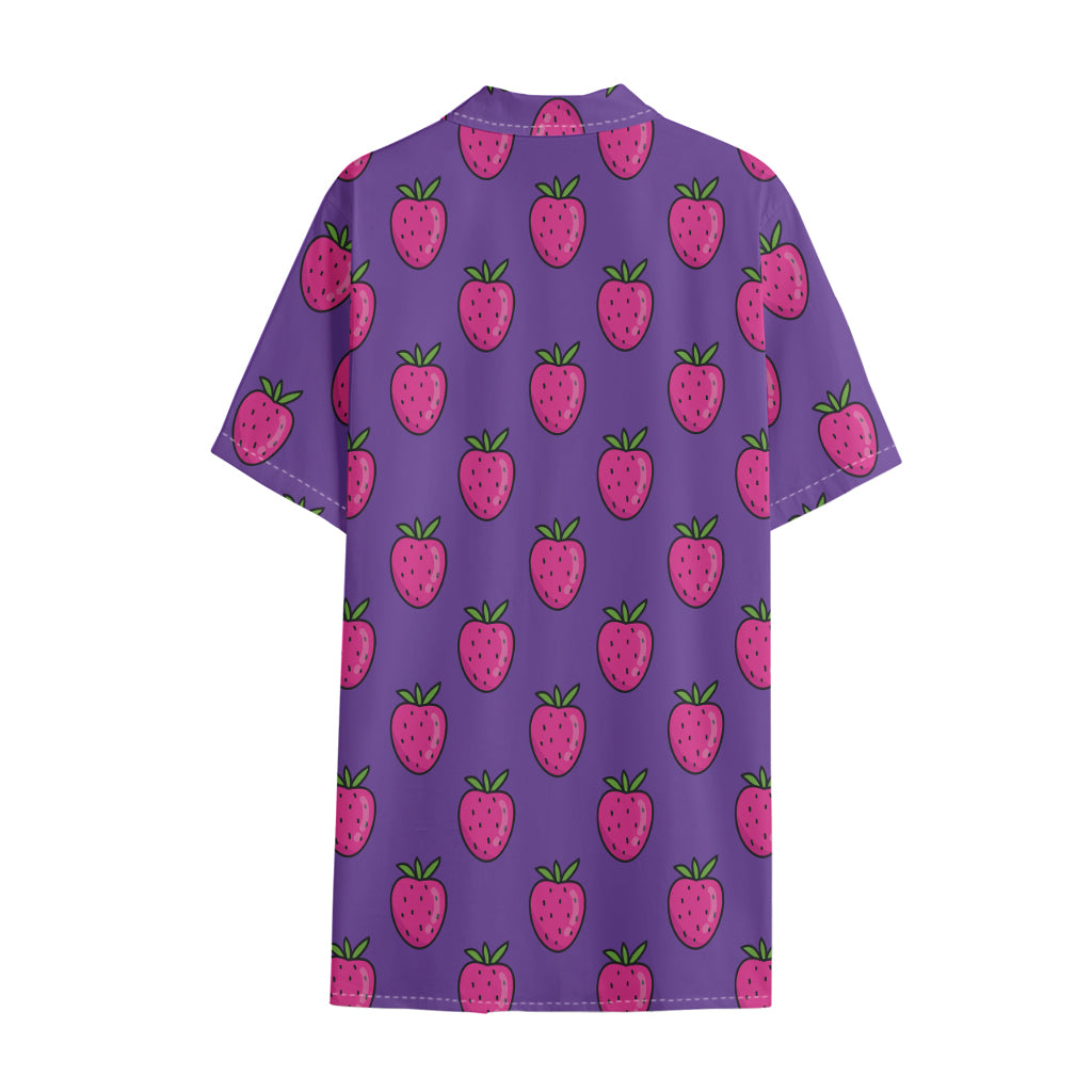 Purple Strawberry Pattern Print Cotton Hawaiian Shirt