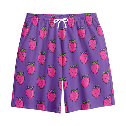 Purple Strawberry Pattern Print Cotton Shorts