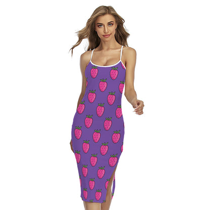 Purple Strawberry Pattern Print Cross Back Cami Dress