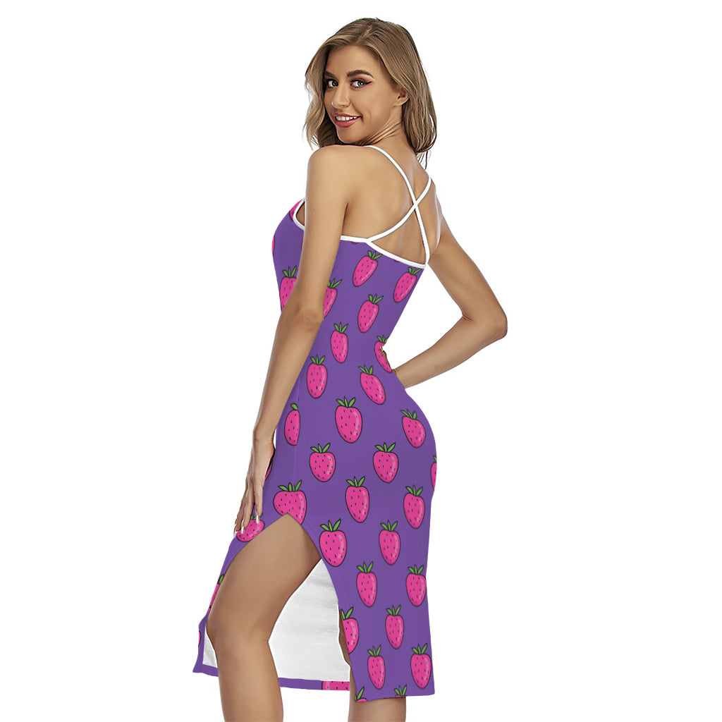 Purple Strawberry Pattern Print Cross Back Cami Dress