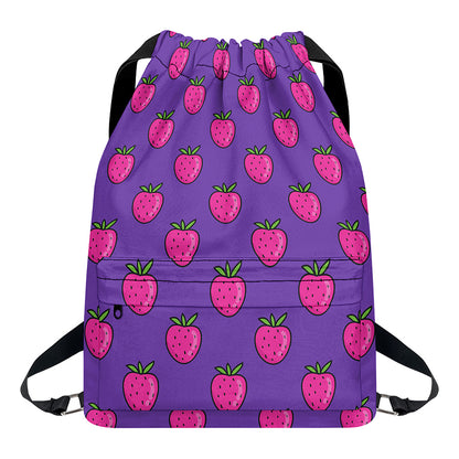 Purple Strawberry Pattern Print Drawstring Backpack