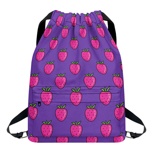 Purple Strawberry Pattern Print Drawstring Backpack