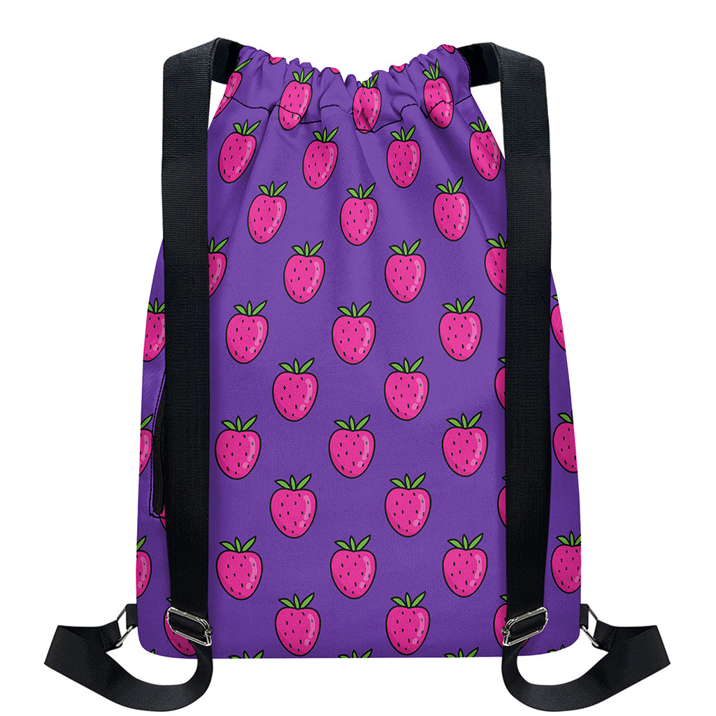 Purple Strawberry Pattern Print Drawstring Backpack