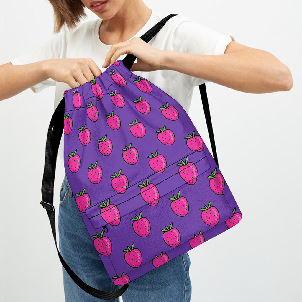 Purple Strawberry Pattern Print Drawstring Backpack