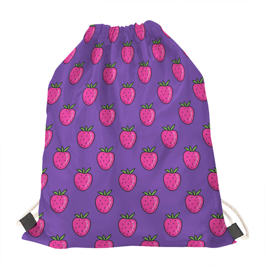 Purple Strawberry Pattern Print Drawstring Bag