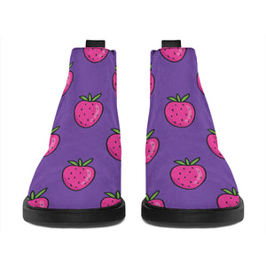 Purple Strawberry Pattern Print Flat Ankle Boots