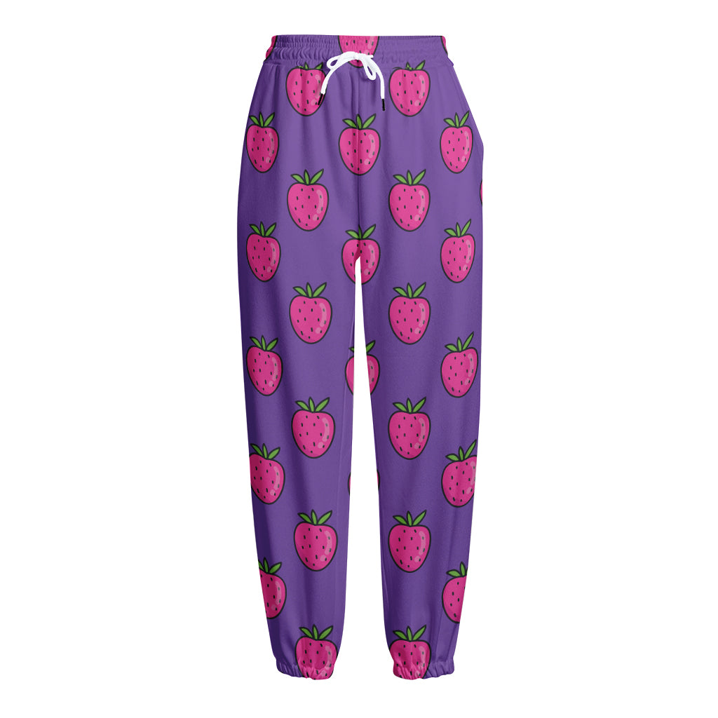 Purple Strawberry Pattern Print Fleece Lined Knit Pants
