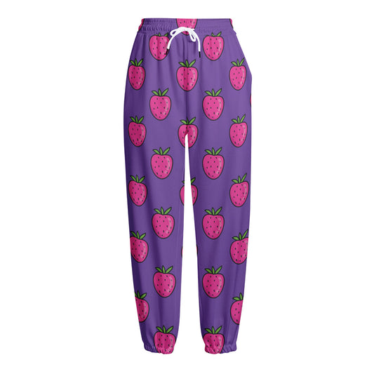 Purple Strawberry Pattern Print Fleece Lined Knit Pants