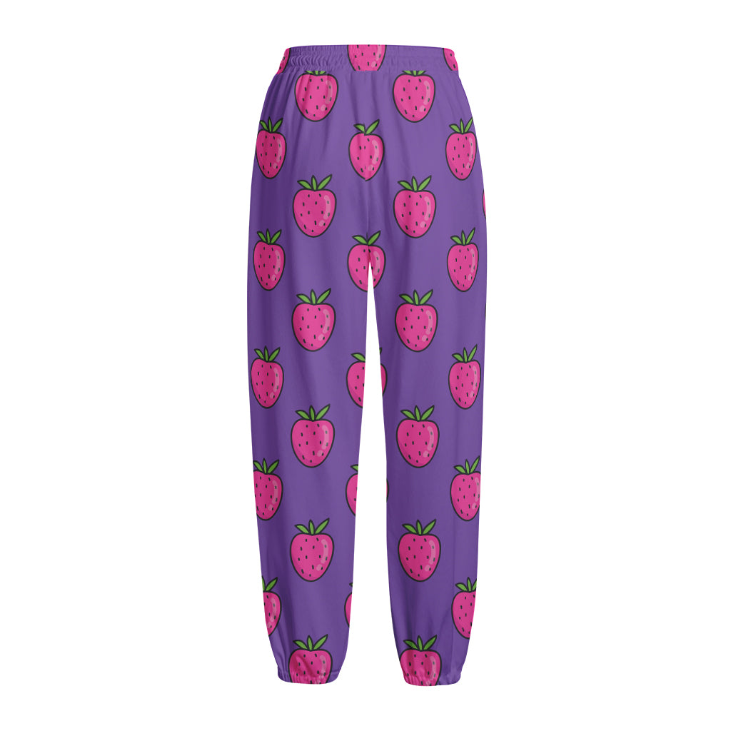 Purple Strawberry Pattern Print Fleece Lined Knit Pants