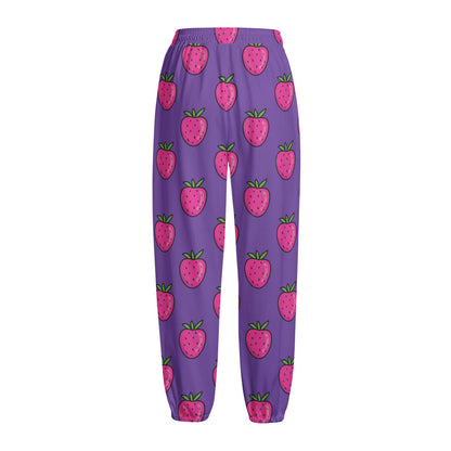 Purple Strawberry Pattern Print Fleece Lined Knit Pants