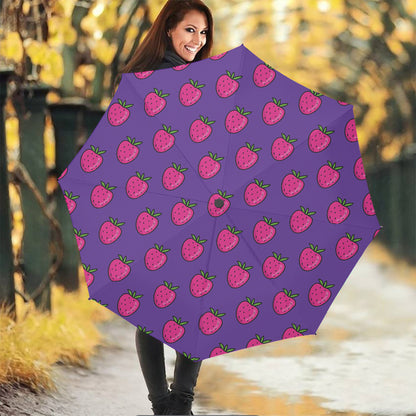 Purple Strawberry Pattern Print Foldable Umbrella