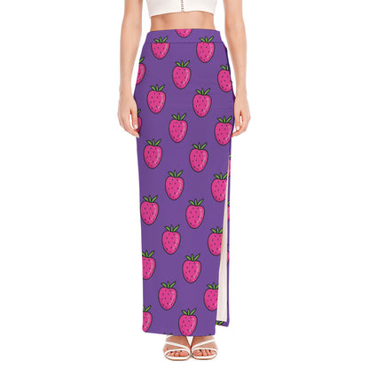 Purple Strawberry Pattern Print High Slit Maxi Skirt