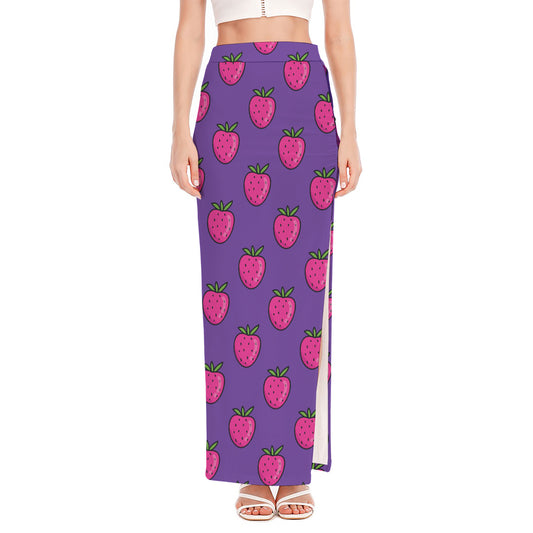 Purple Strawberry Pattern Print High Slit Maxi Skirt