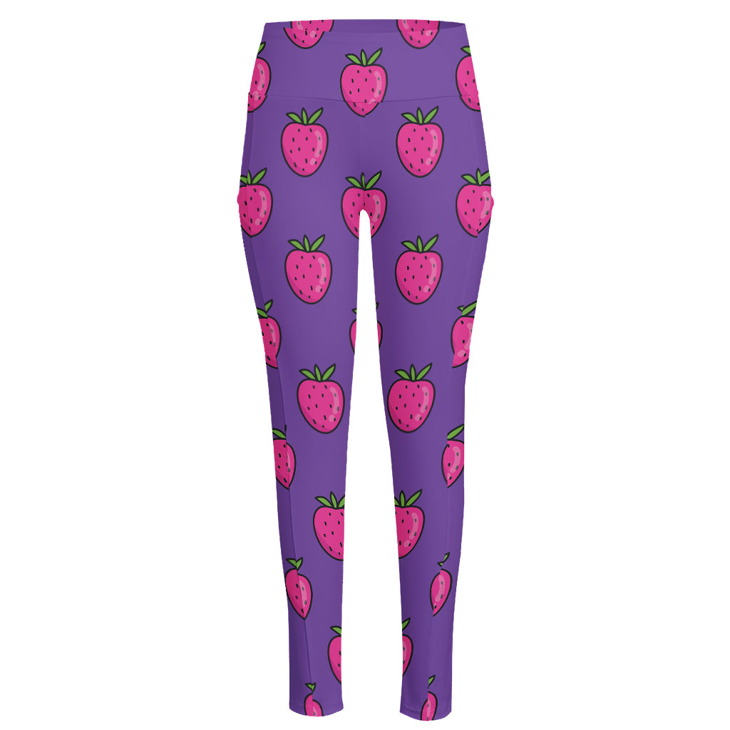 Purple Strawberry Pattern Print High-Waisted Pocket Leggings