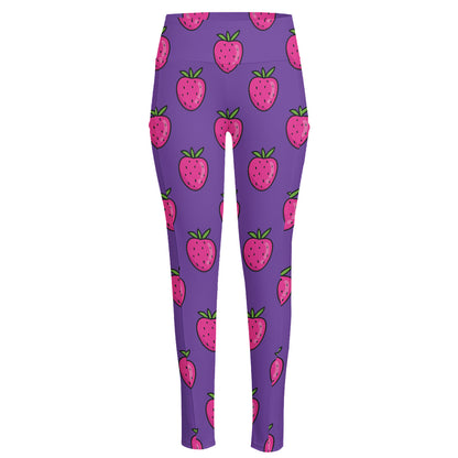 Purple Strawberry Pattern Print High-Waisted Pocket Leggings
