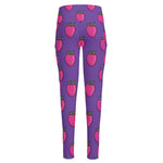 Purple Strawberry Pattern Print High-Waisted Pocket Leggings