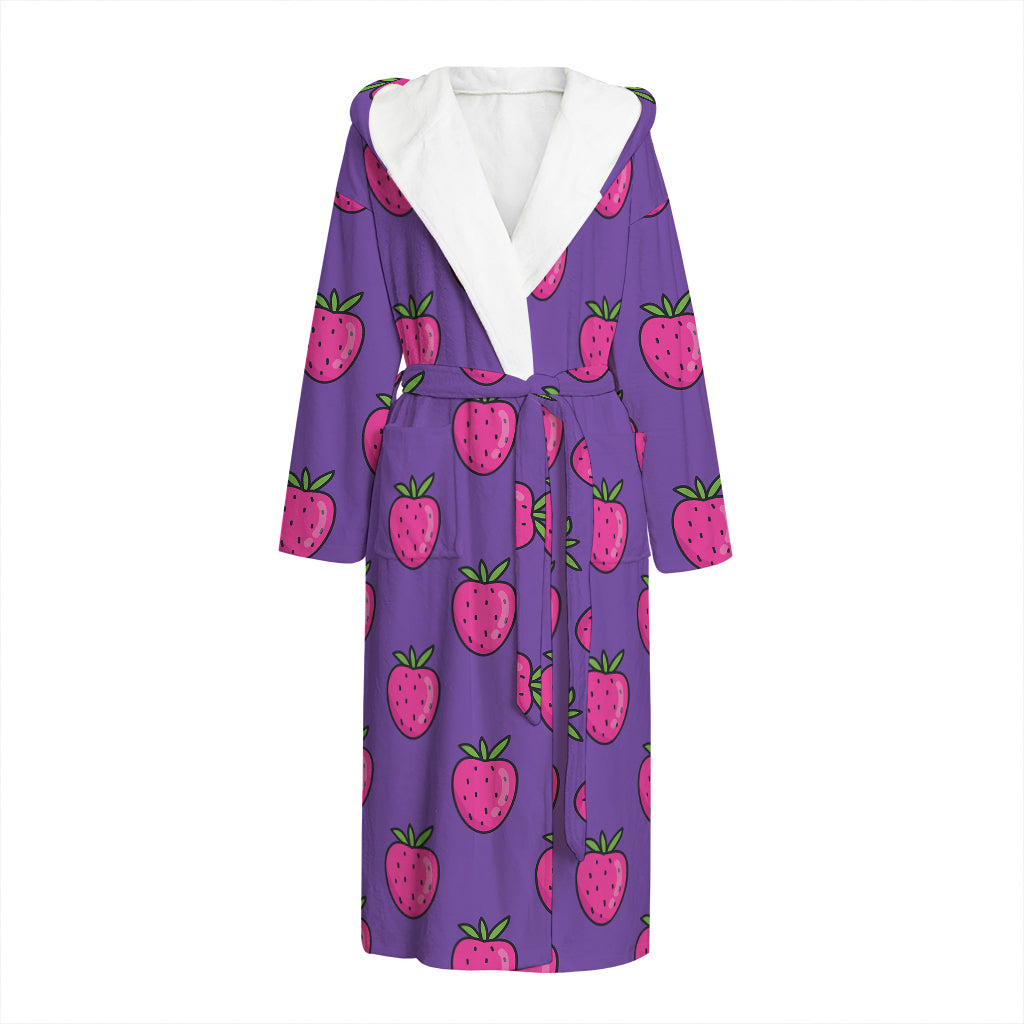 Purple Strawberry Pattern Print Hooded Bathrobe