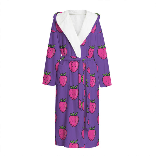 Purple Strawberry Pattern Print Hooded Bathrobe