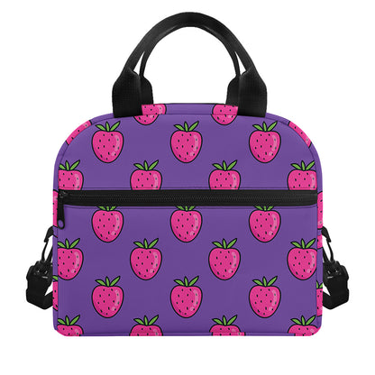 Purple Strawberry Pattern Print Insulated Lunch Bag