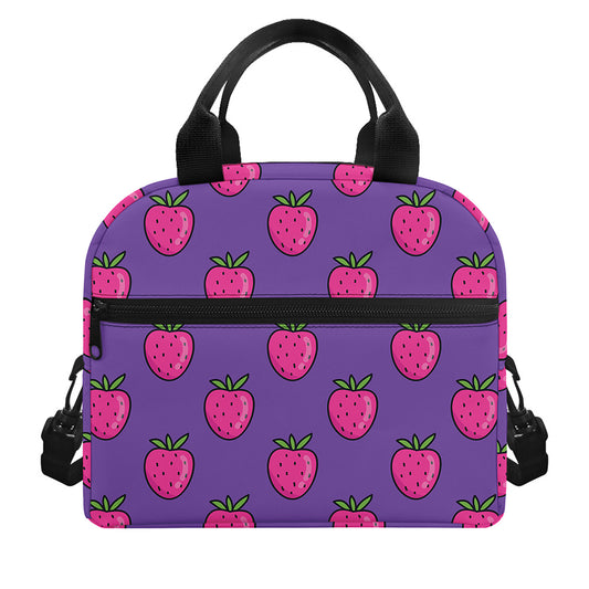 Purple Strawberry Pattern Print Insulated Lunch Bag