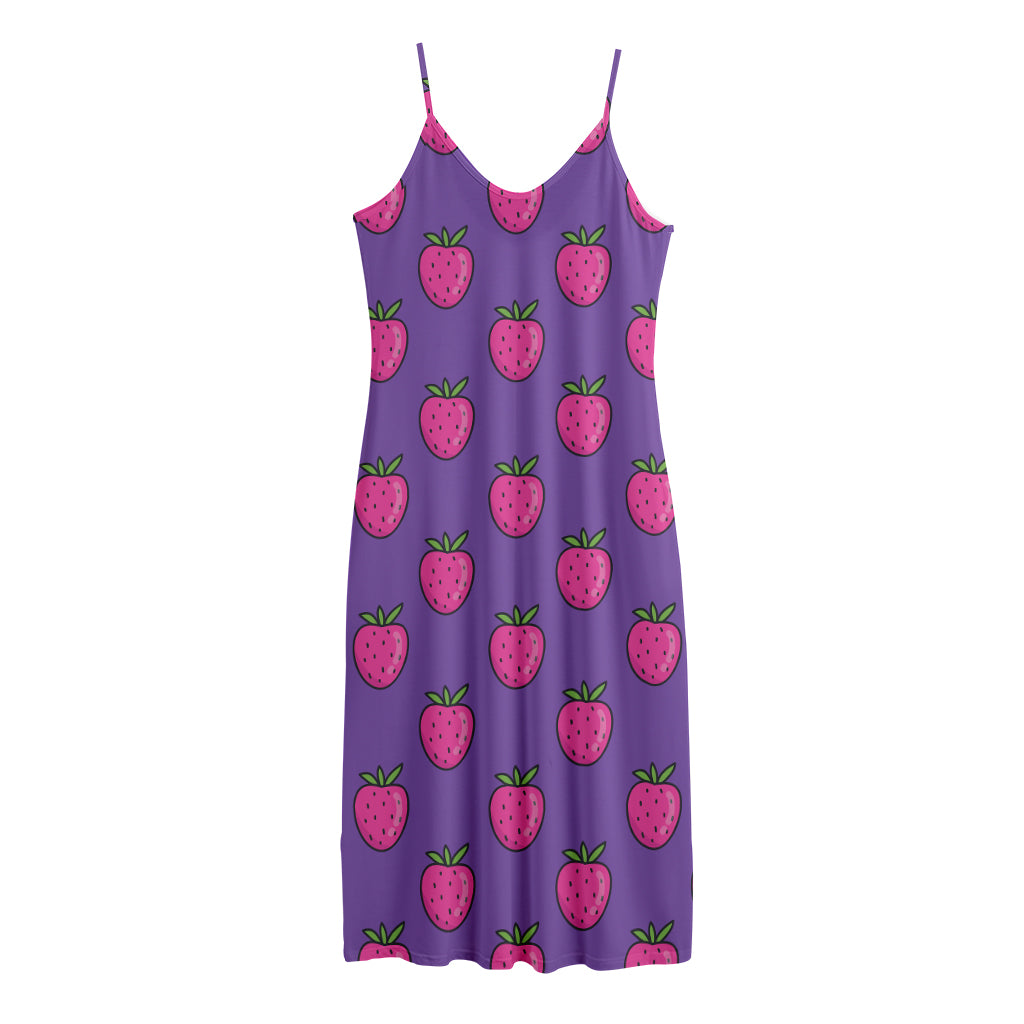 Purple Strawberry Pattern Print Jersey Midi Cami Dress