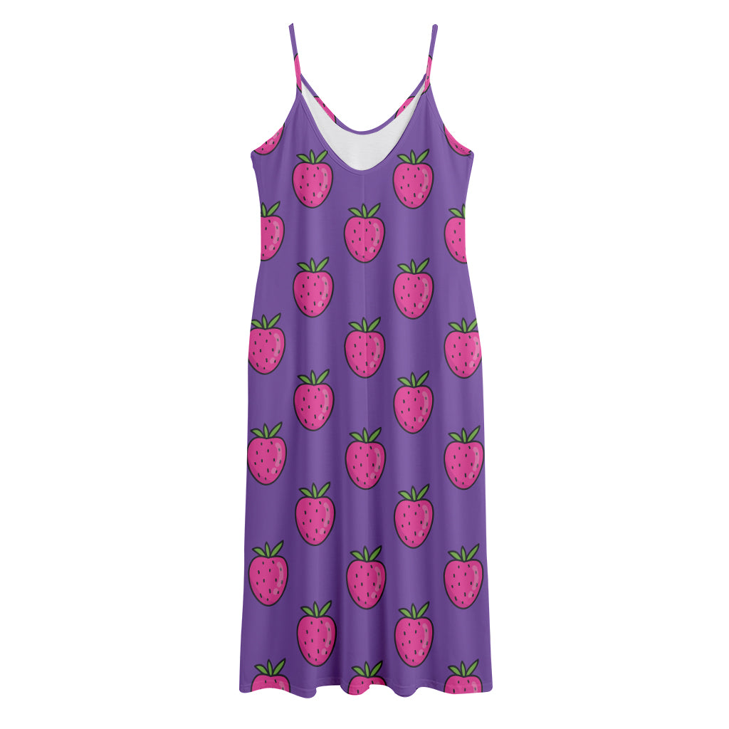 Purple Strawberry Pattern Print Jersey Midi Cami Dress