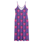 Purple Strawberry Pattern Print Jersey Midi Cami Dress