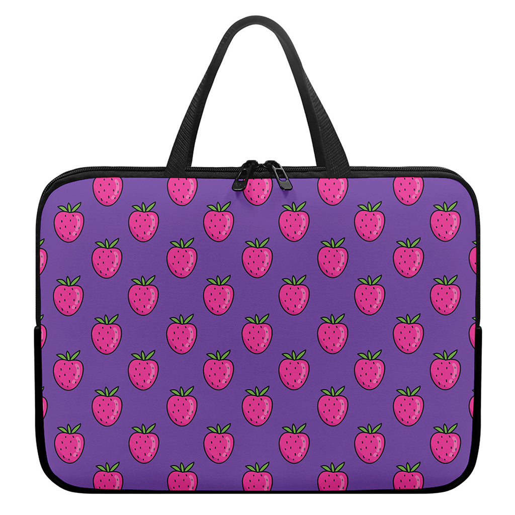 Purple Strawberry Pattern Print Laptop Sleeve With Handle