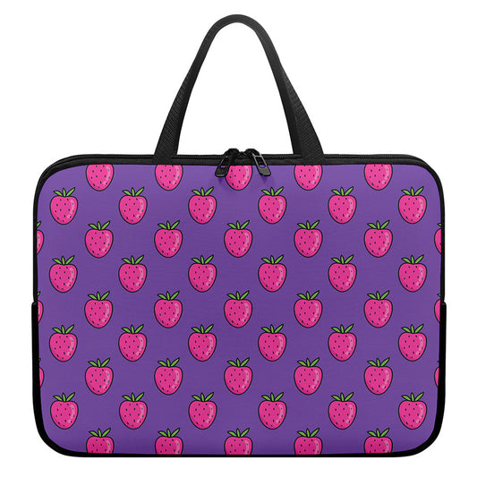 Purple Strawberry Pattern Print Laptop Sleeve With Handle