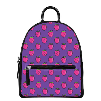 Purple Strawberry Pattern Print Leather Backpack