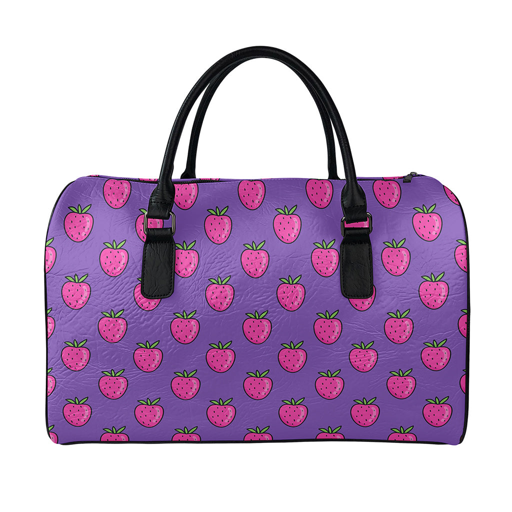 Purple Strawberry Pattern Print Leather Duffle Bag