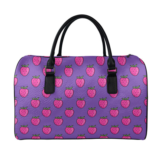 Purple Strawberry Pattern Print Leather Duffle Bag