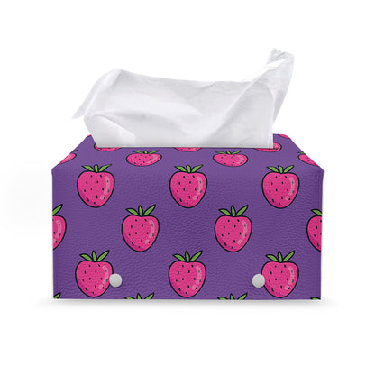Purple Strawberry Pattern Print Leather Tissue Box Cover