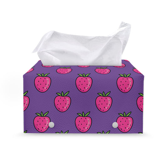 Purple Strawberry Pattern Print Leather Tissue Box Cover
